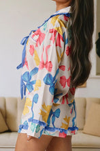 Load image into Gallery viewer, Bow Print Collared Neck Top and Shorts Lounge Set