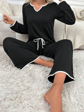 Load image into Gallery viewer, Contrast Trim Notched Long Sleeve Top and Pants Lounge Set
