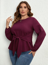 Load image into Gallery viewer, Plus Size Round Neck Tie Waist Long Sleeve Blouse
