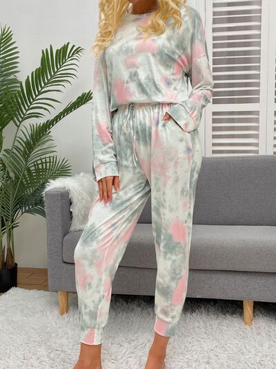 Tie-Dye Round Neck Top and Drawstring Pants Lounge Set