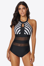 Load image into Gallery viewer, Striped Cutout Spliced Mesh Halter Neck One-Piece Swimsuit
